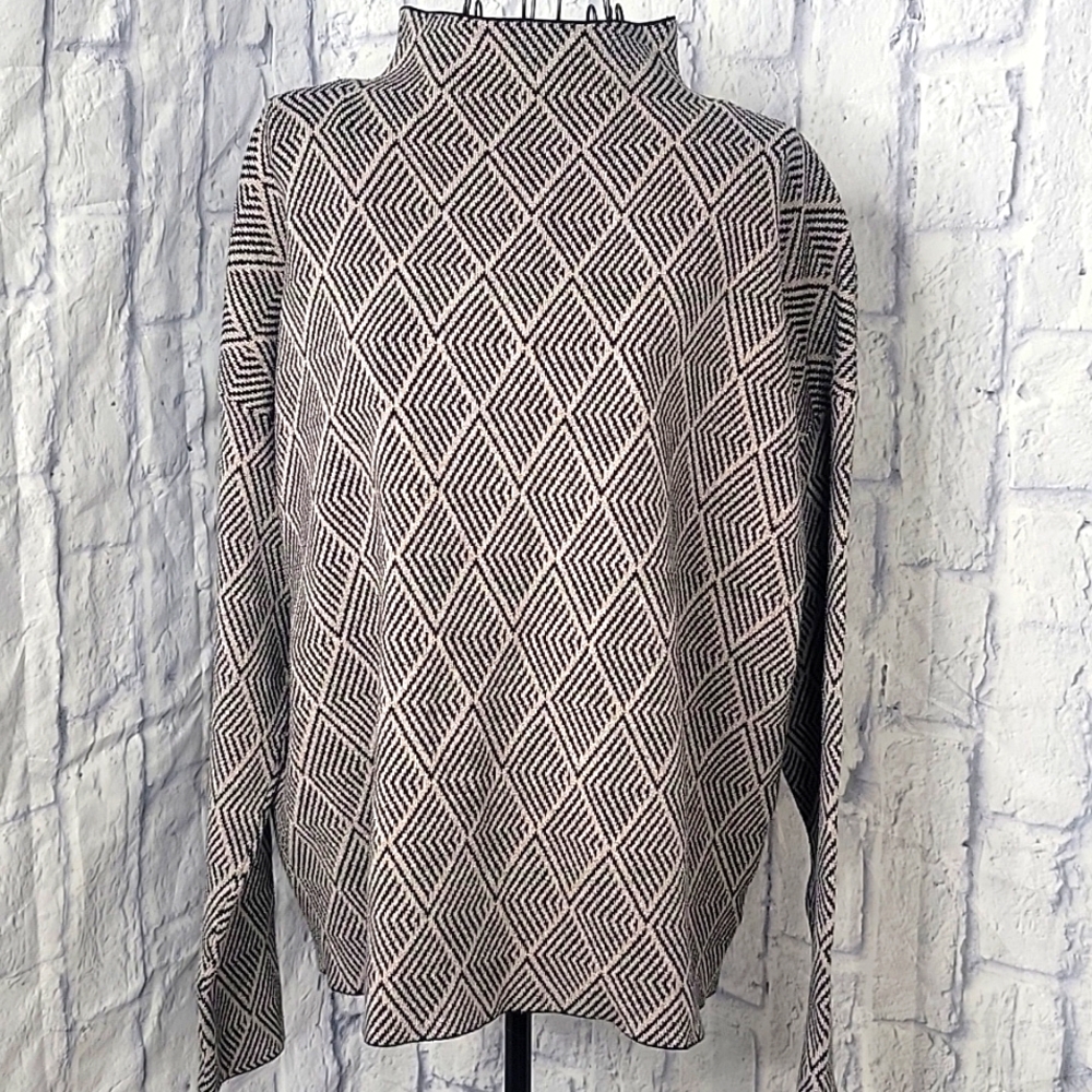 H by Halston Geometric Mock Neck Sweater XL Black Cream